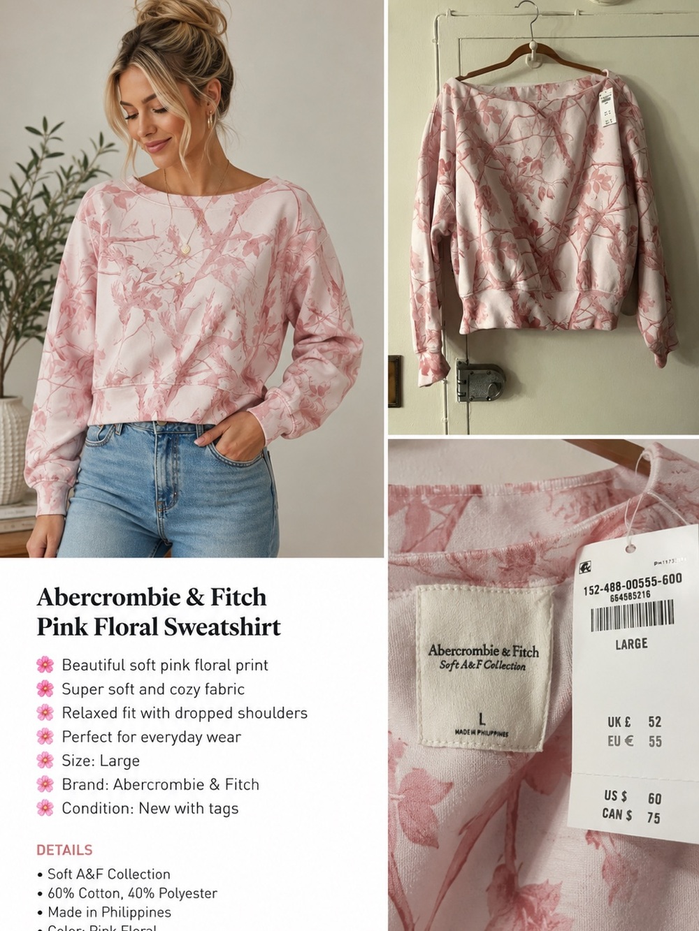 Abercrombie & Fitch Light Pink Floral Crewneck Sweatshirt